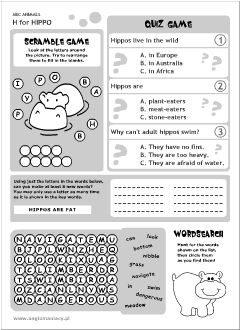 English printable resources: Hippo worksheets