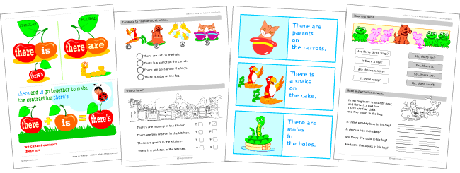 English grammar for kids: there is / there are printable set